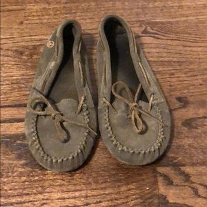 Olive green peace sign moccasins